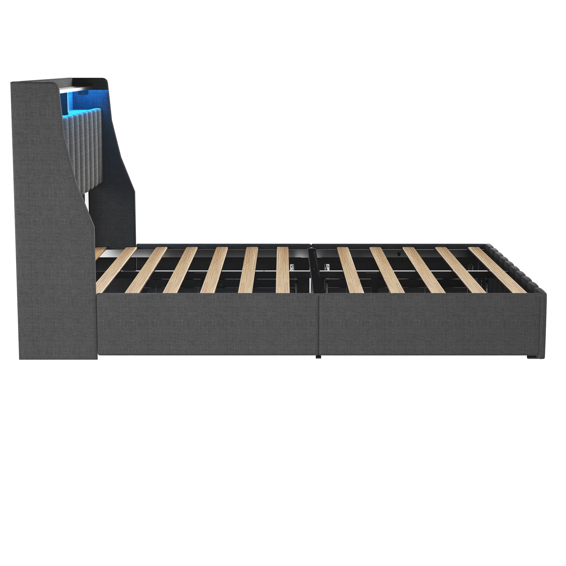 Dark gray fabric platform bed frame with LED headboard lights and wooden slats