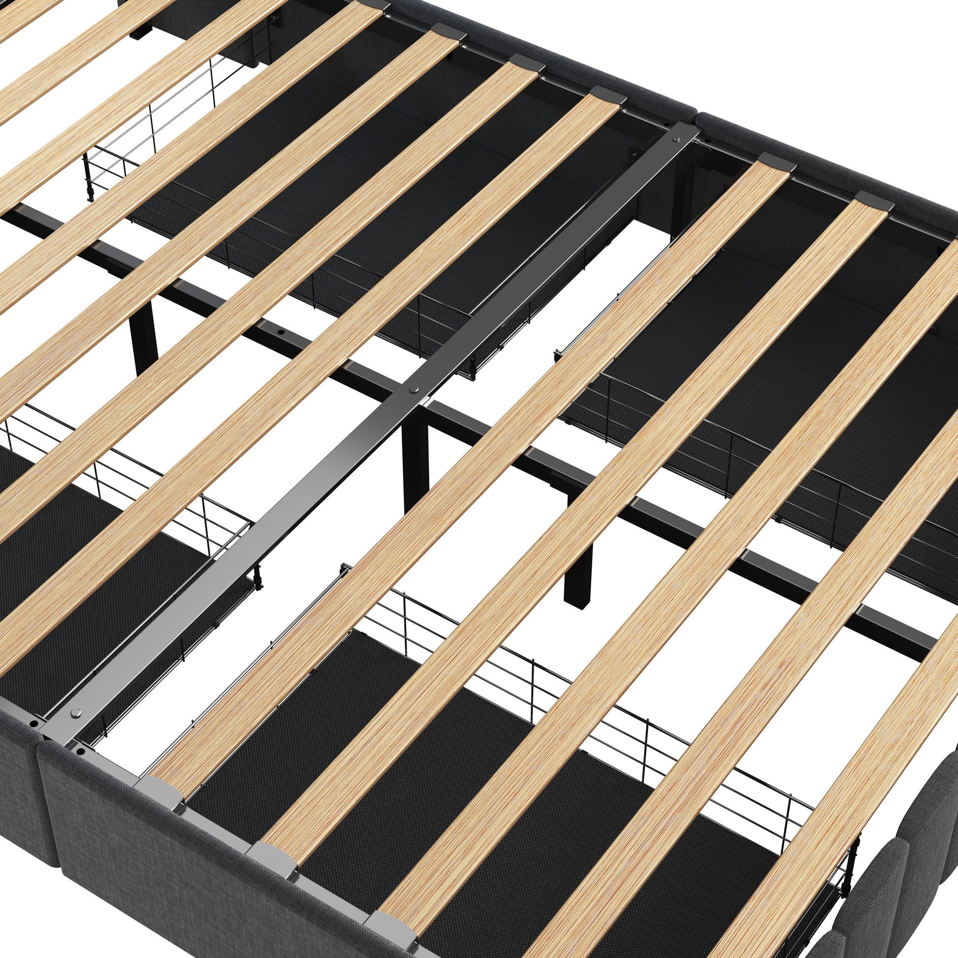 Close up of a grey upholstered bed frame base with natural wood slats