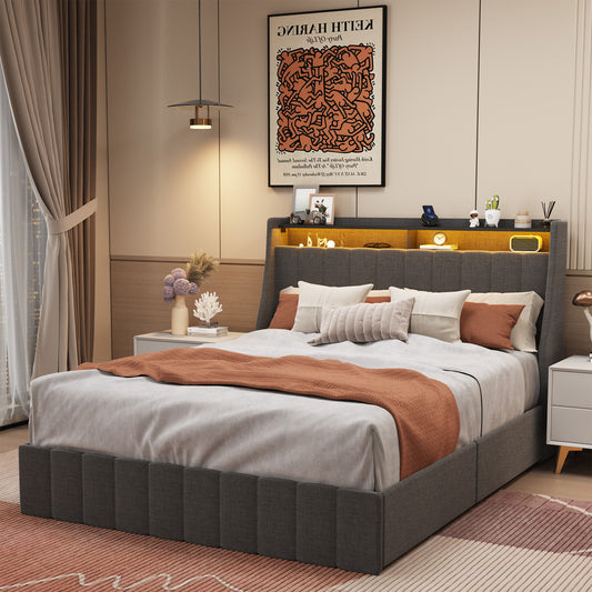 Gray upholstered platform bed with integrated LED headboard lighting