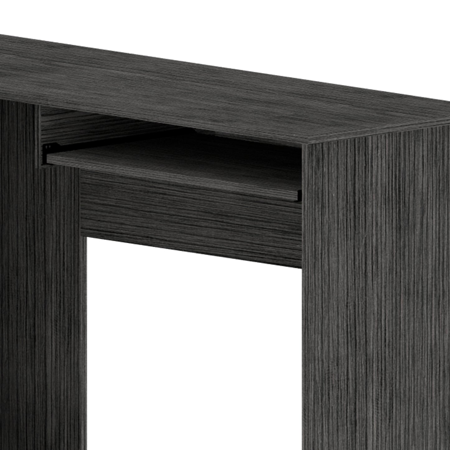 Dark gray wood grain modern console table with open shelf and thin legs