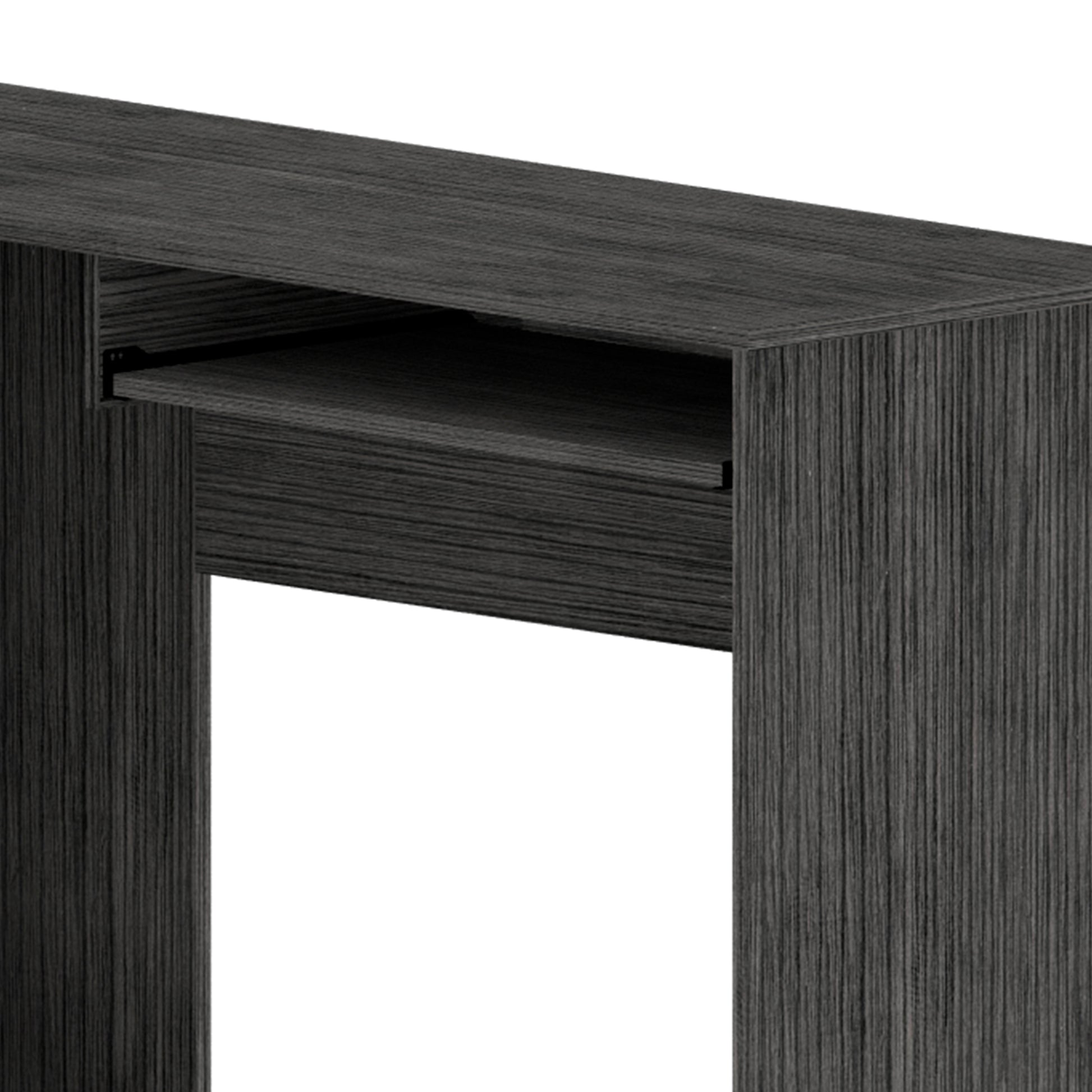 Dark gray wood grain modern console table with open shelf and thin legs