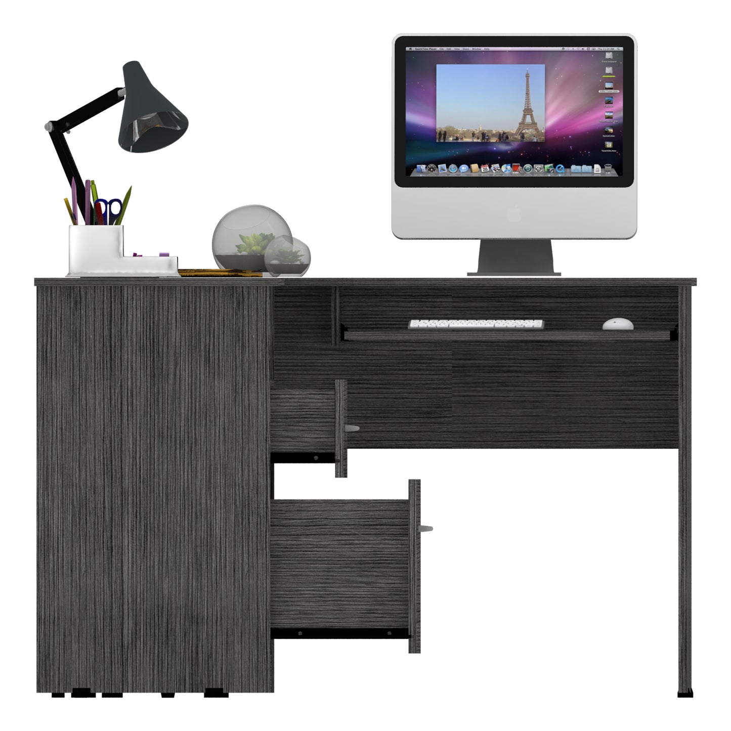 Modern gray wood grain desk with a black adjustable desk lamp and computer