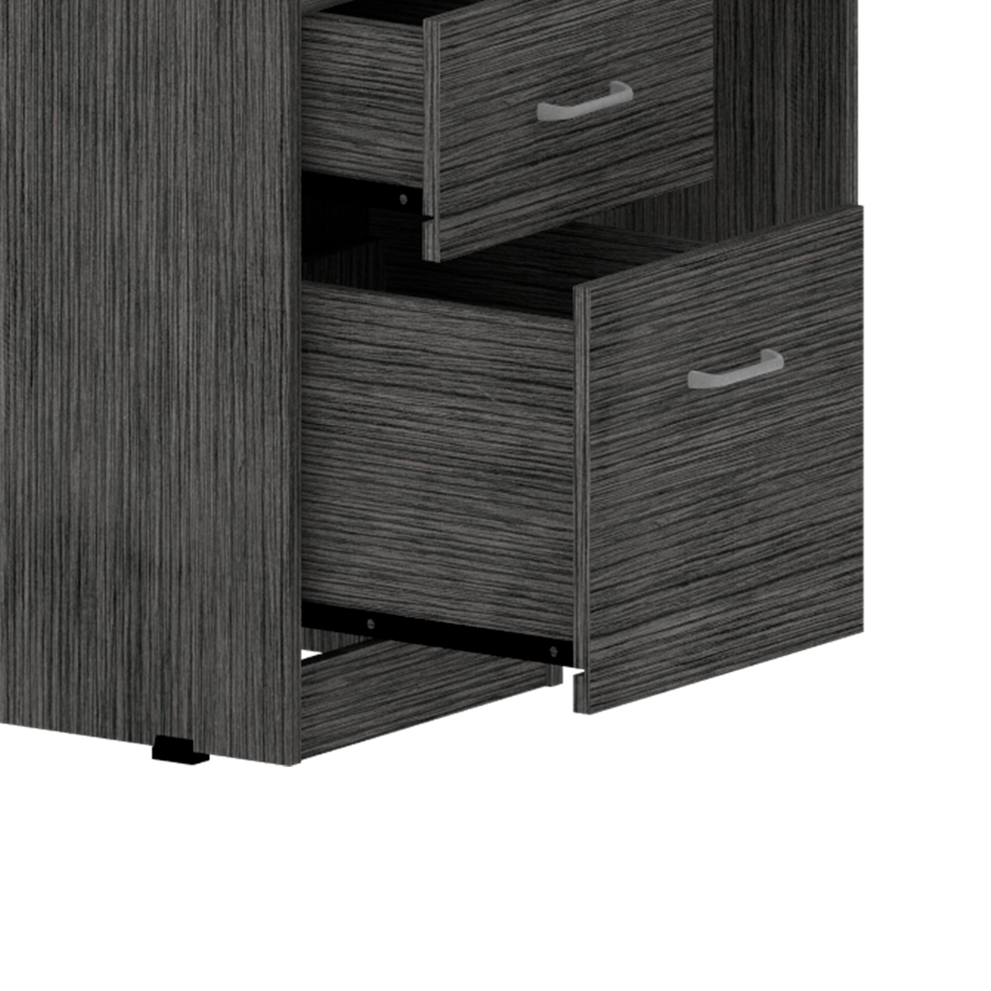 Dark gray wood grain filing cabinet with two open drawers and silver handles