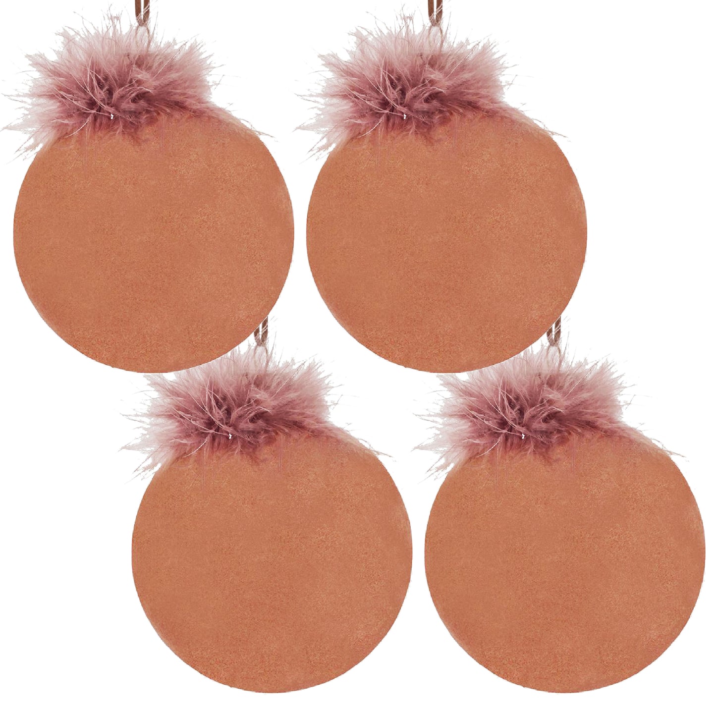 Four round burnt orange ornaments with fluffy pink feather accents ideal for holiday decor