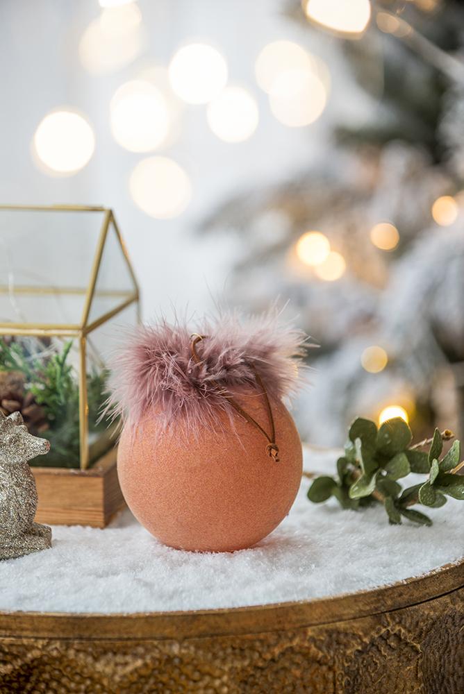 Dusty rose bauble with fluffy trim perfect for festive holiday decor