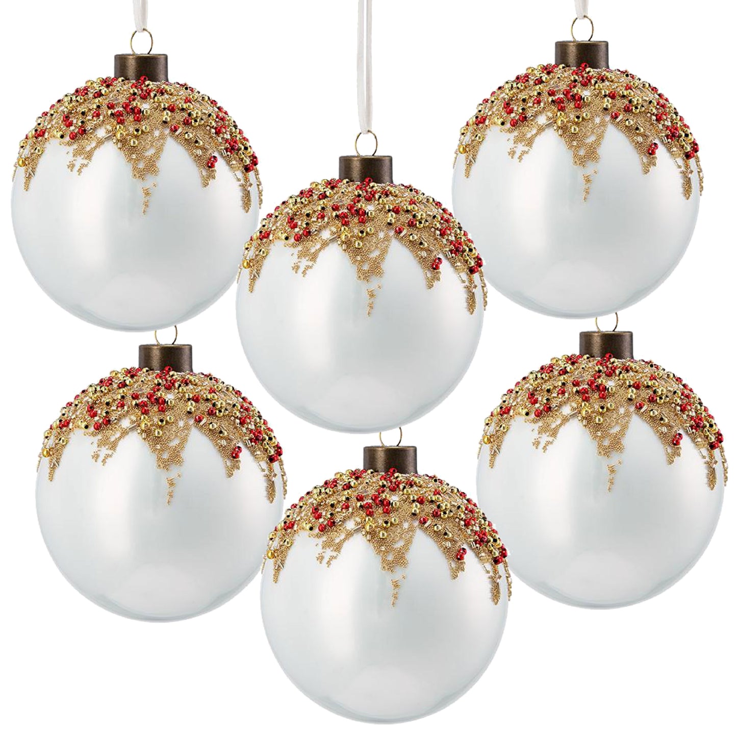 Set of  white glass Christmas ornaments with red and gold beaded accents