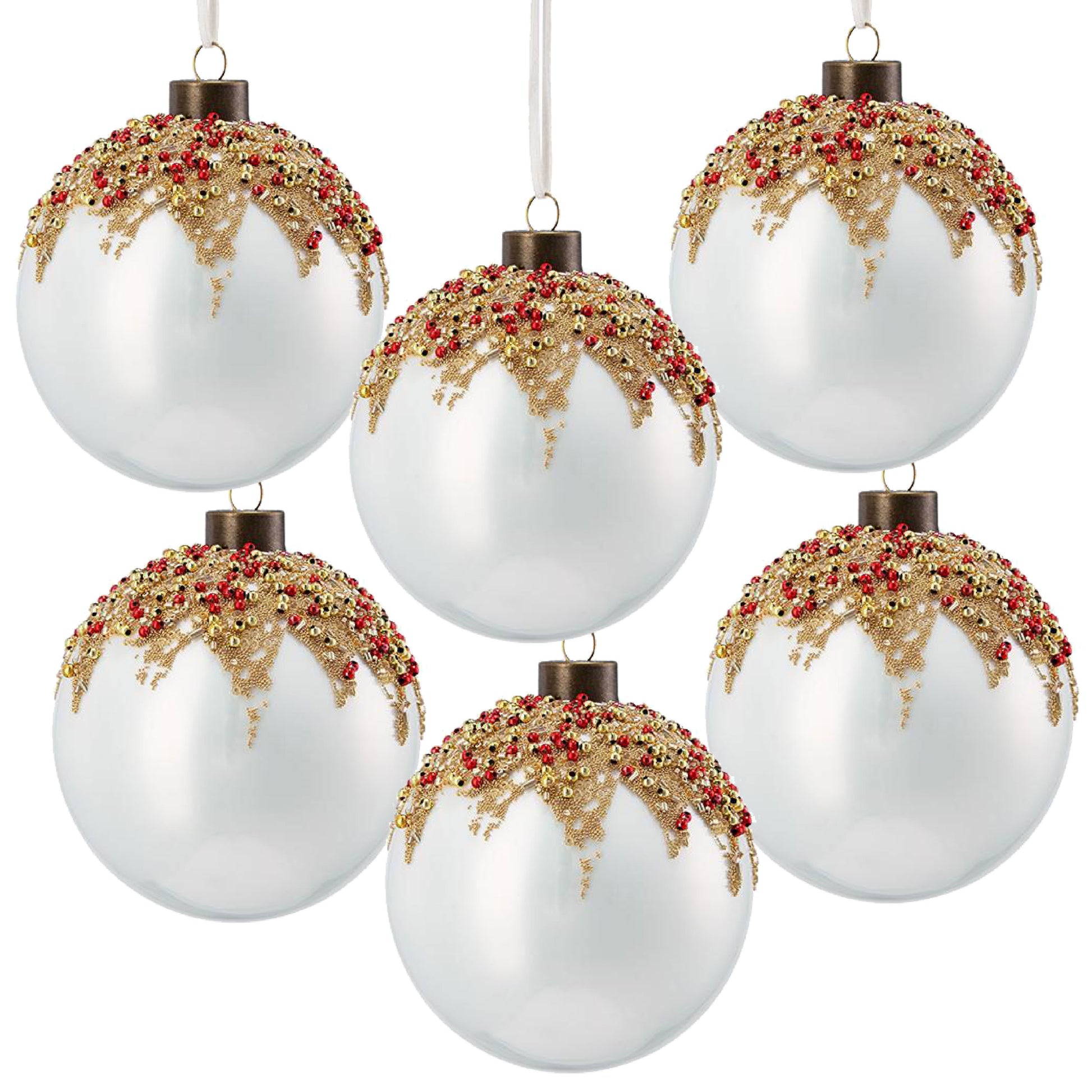Set of  white glass Christmas ornaments with red and gold beaded accents