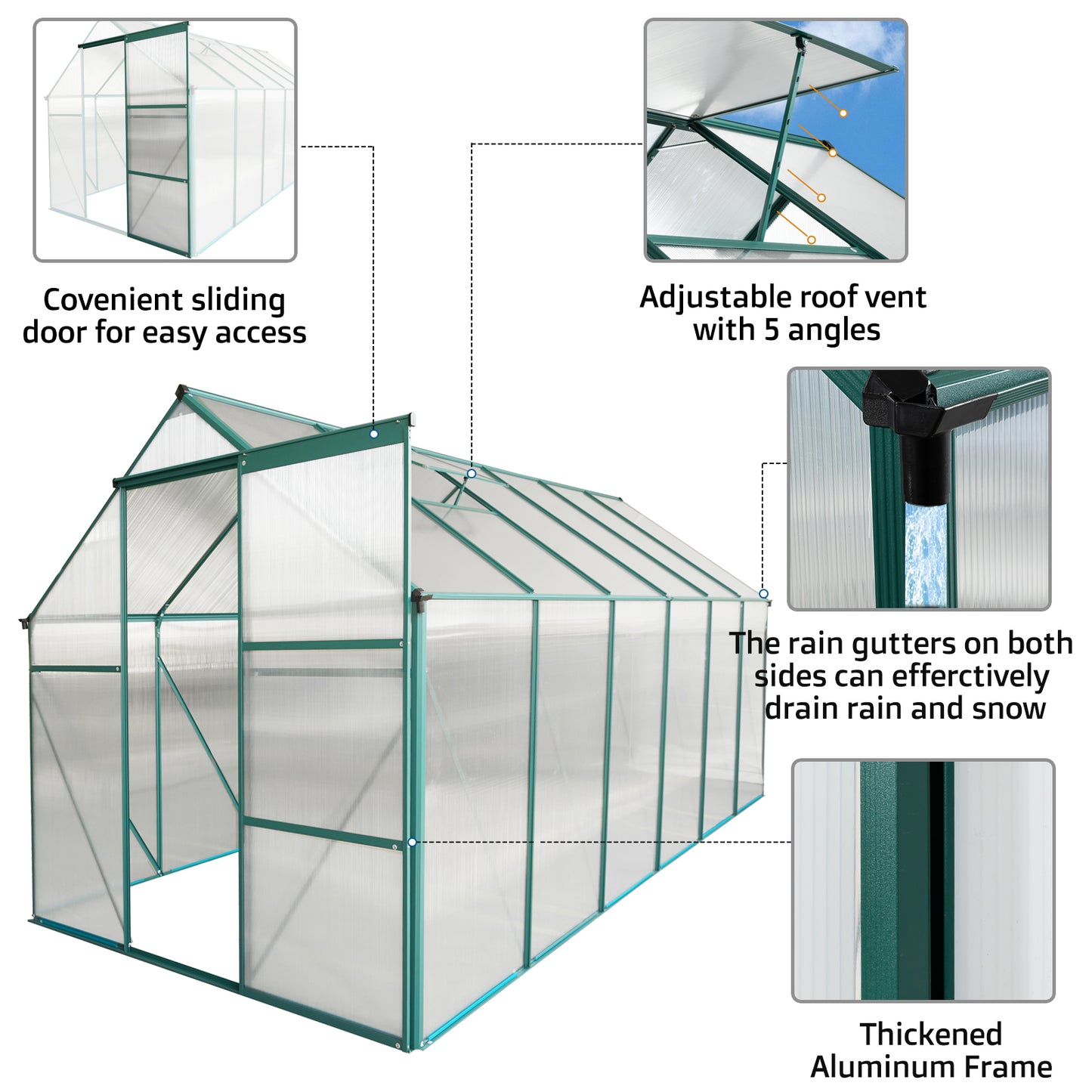 Green aluminum frame greenhouse with clear polycarbonate panels and sliding door