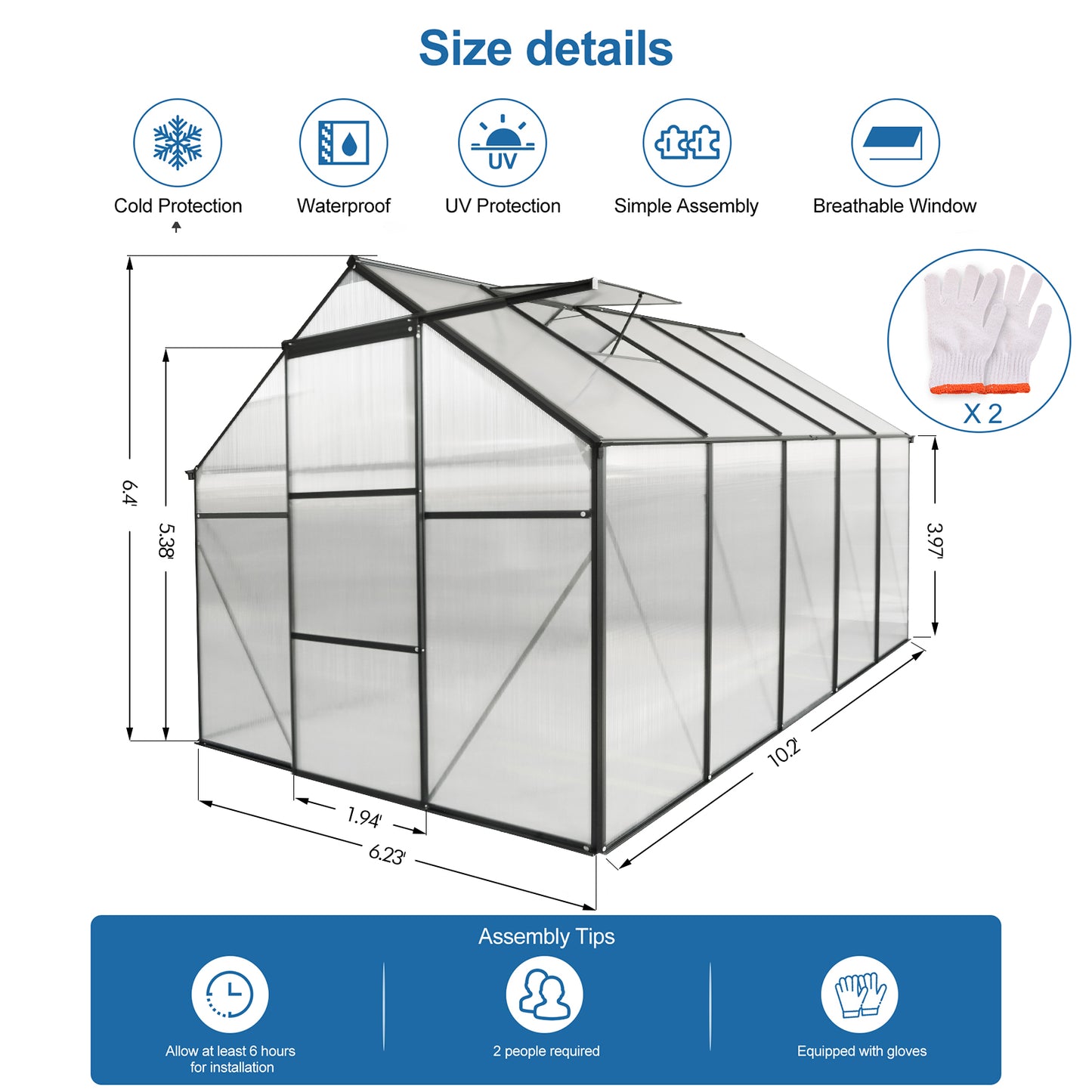 Durable polycarbonate greenhouse with aluminum frame for cold protection
