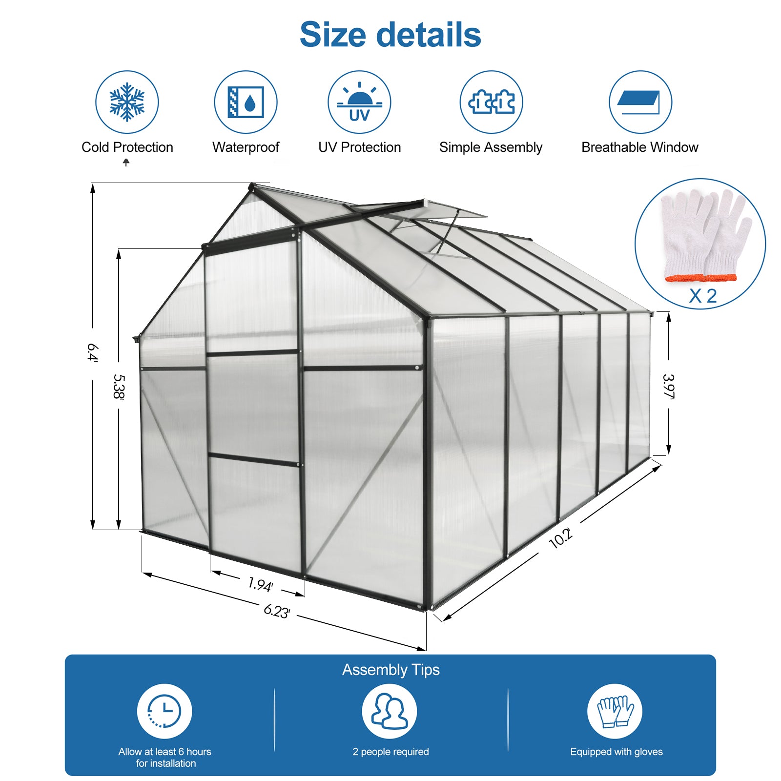 Durable polycarbonate greenhouse with aluminum frame for cold protection