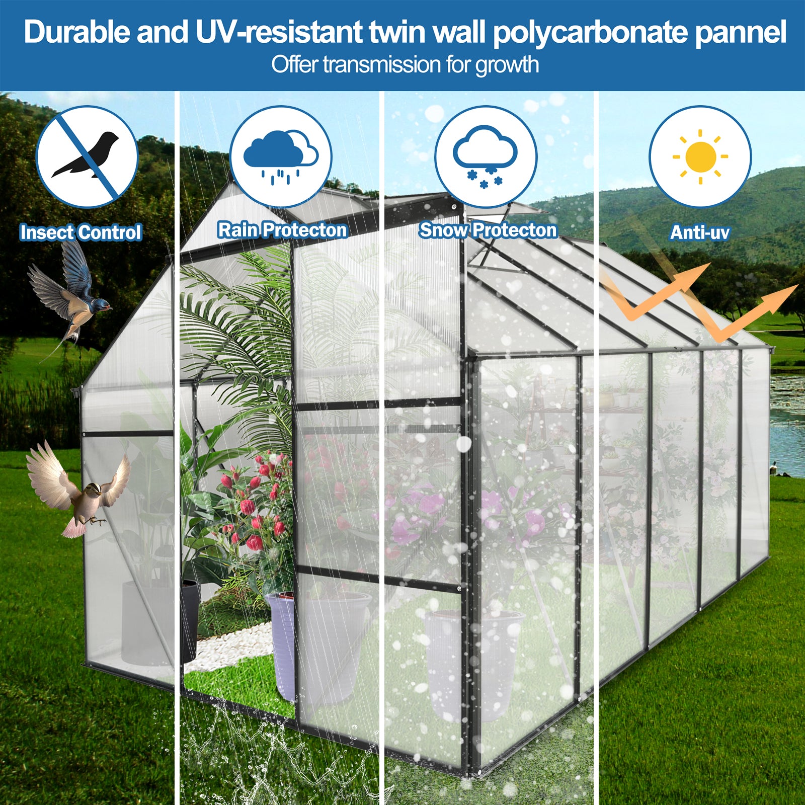 Durable twinwall polycarbonate greenhouse for insect control with birds flying away