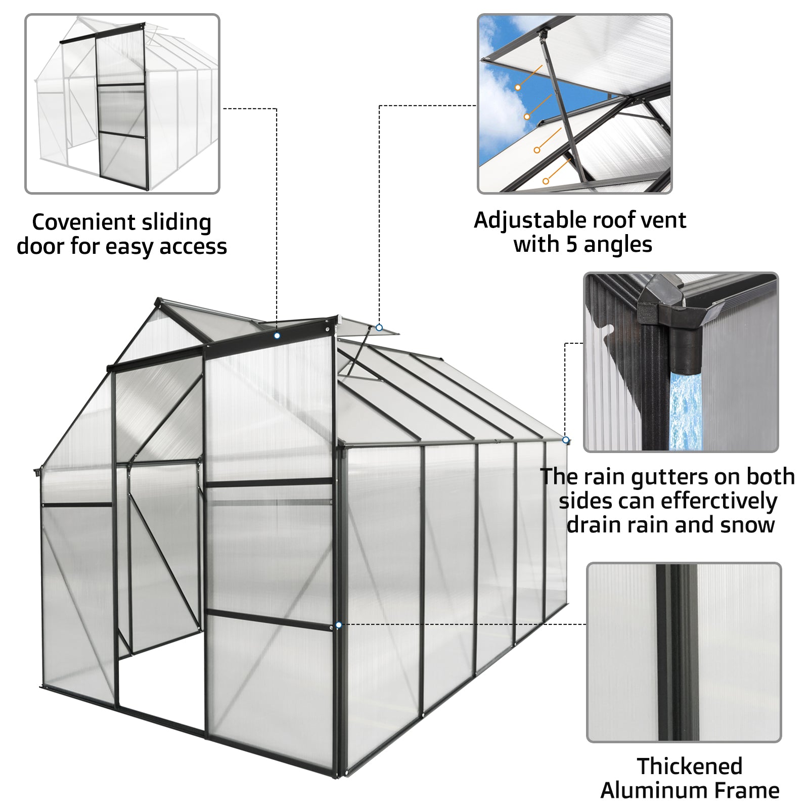 Polycarbonate greenhouse with a large sliding door for easy garden access