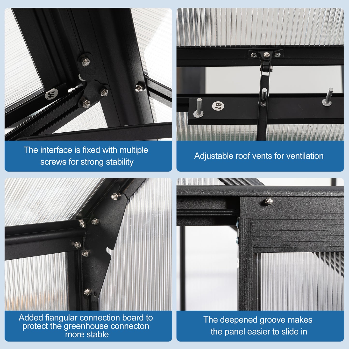 Closeup of black metal frame with multiple screws showing strong stability for greenhouse construction
