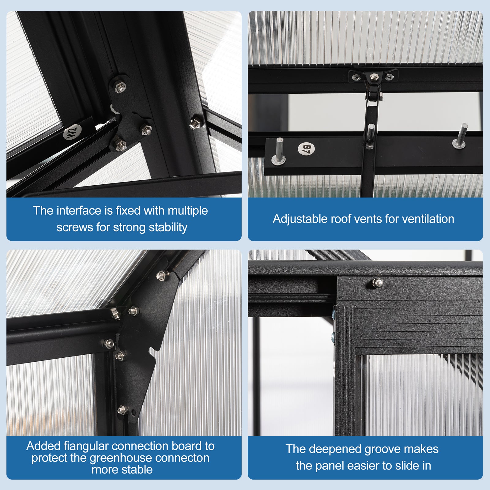 Closeup of black metal frame with multiple screws showing strong stability for greenhouse construction
