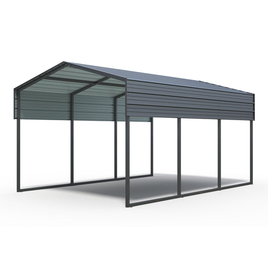 Gray metal carport with open sides and a peaked roof for vehicle protection