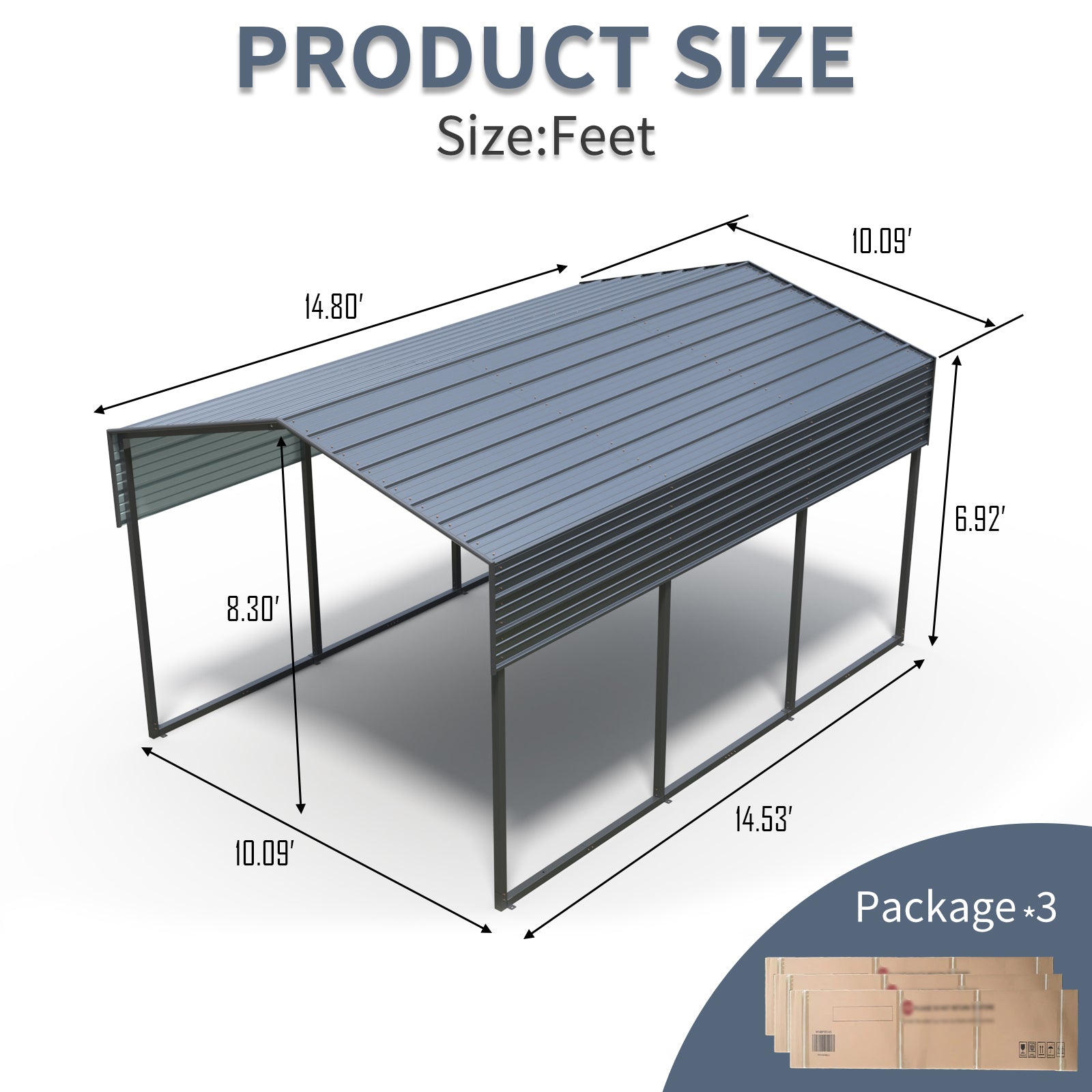 Gray metal carport with dimensions  L x  W x  H for vehicle protection
