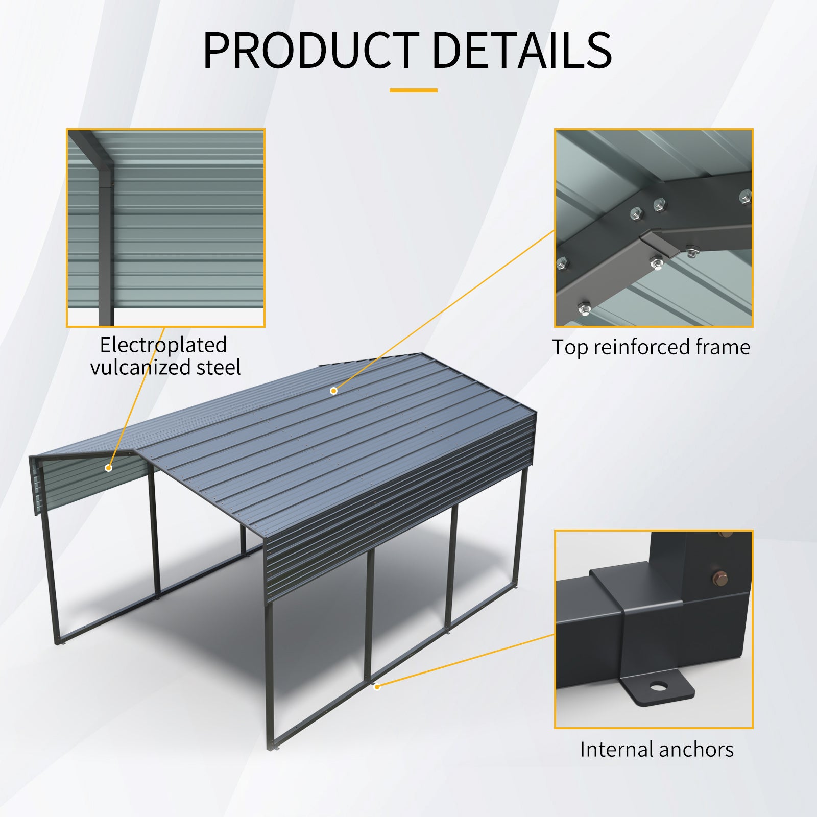 Durable gray carport with electroplated vulcanized steel construction and reinforced frame
