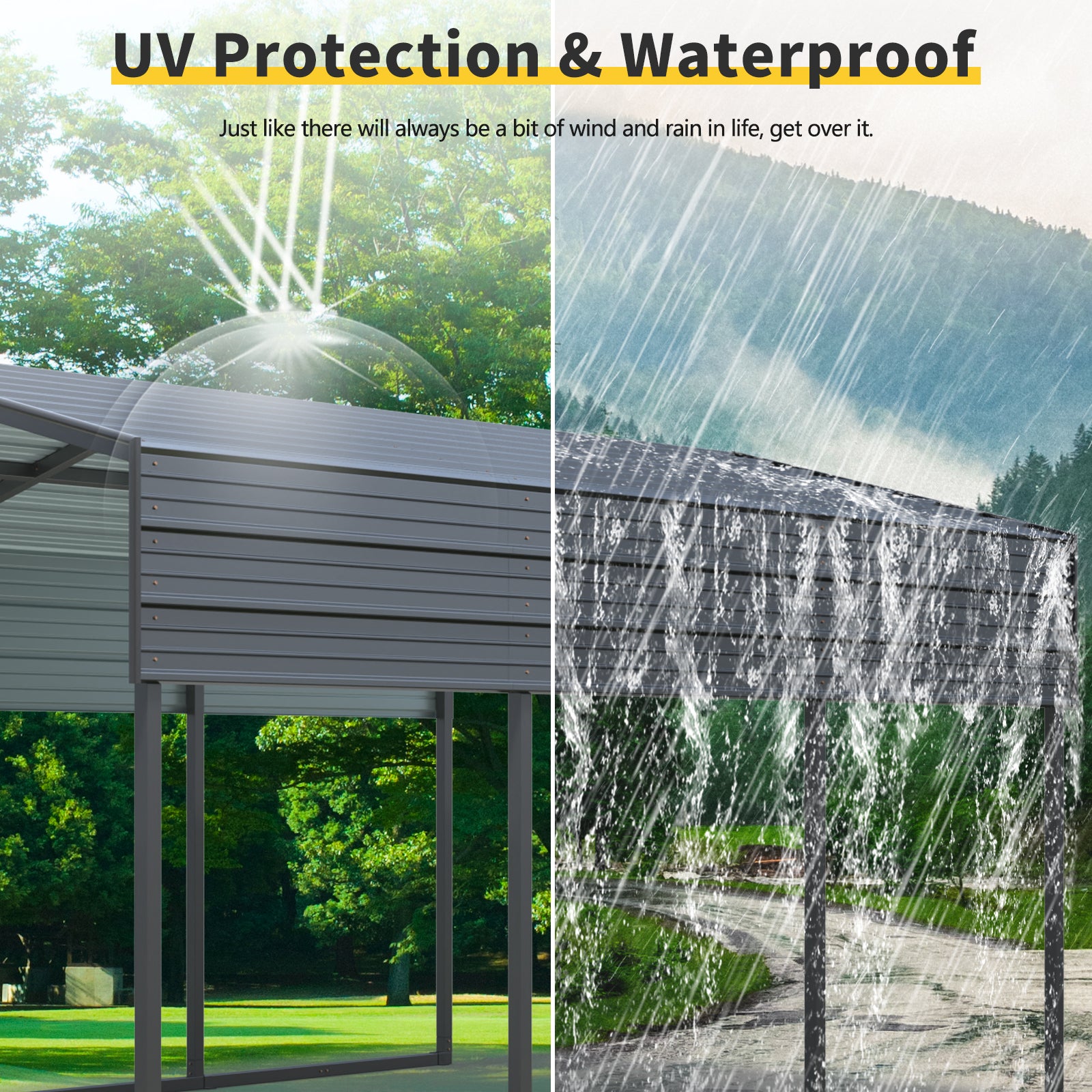 Dark grey corrugated metal carport roof showing UV protection from sun