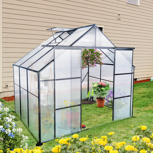 Small backyard greenhouse with clear polycarbonate panels and a black frame perfect for starting seeds