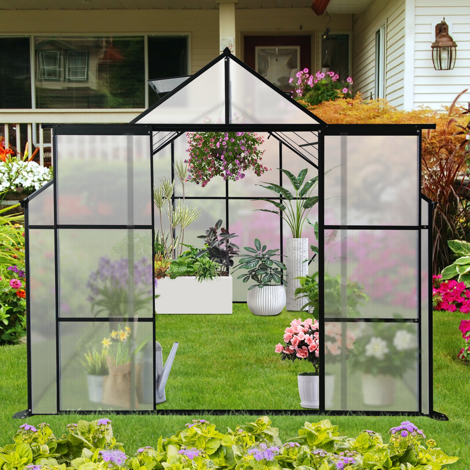 Modern walkin greenhouse with clear polycarbonate panels and black frame