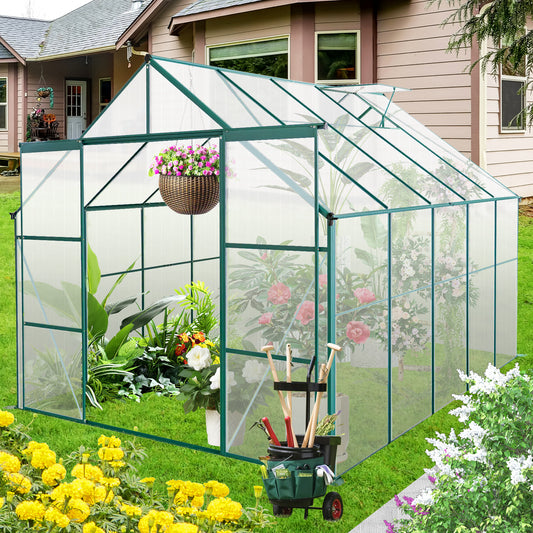 Green aluminum frame greenhouse with clear polycarbonate panels housing lush plants and flowers