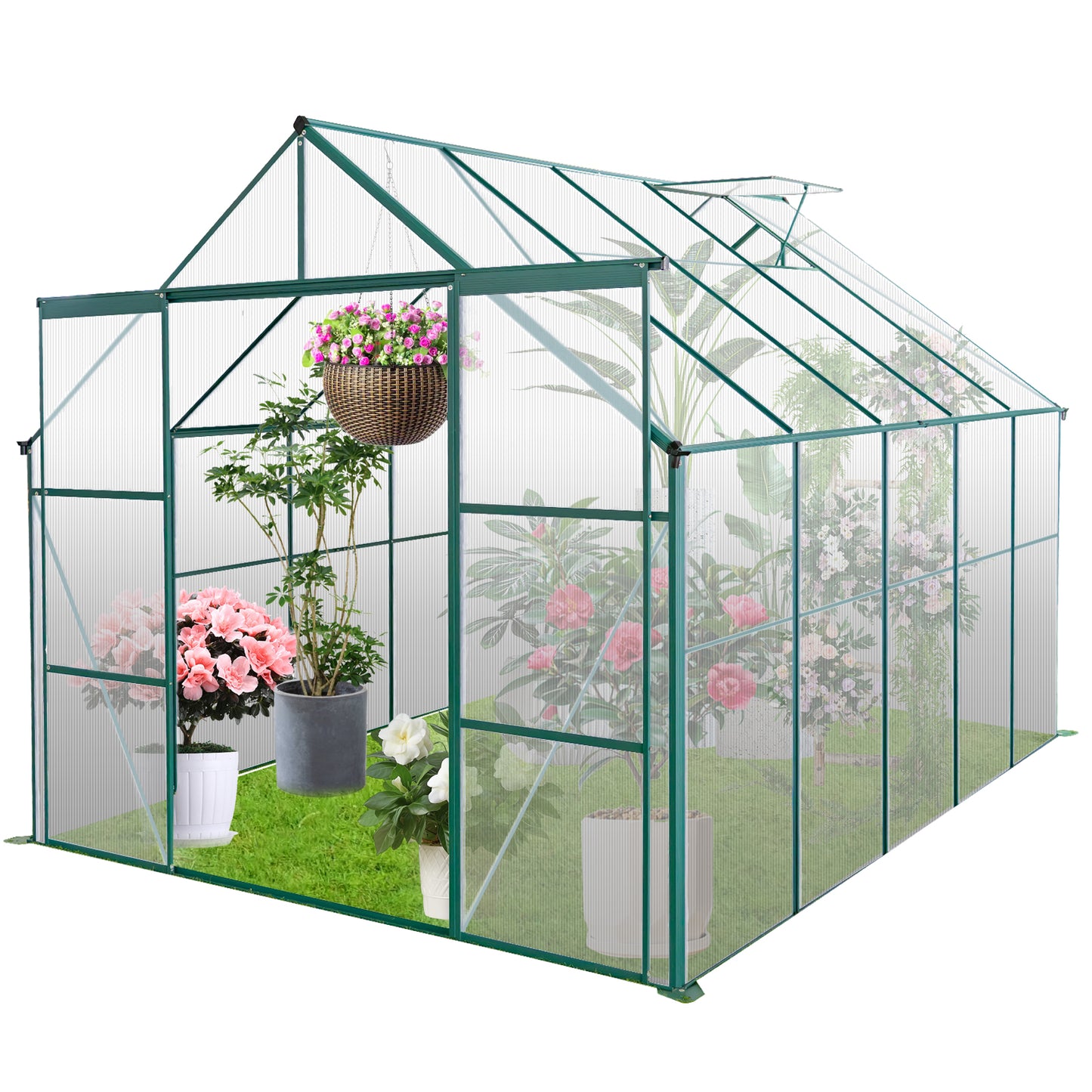 Green metal frame greenhouse with clear polycarbonate panels featuring potted plants and hanging baskets