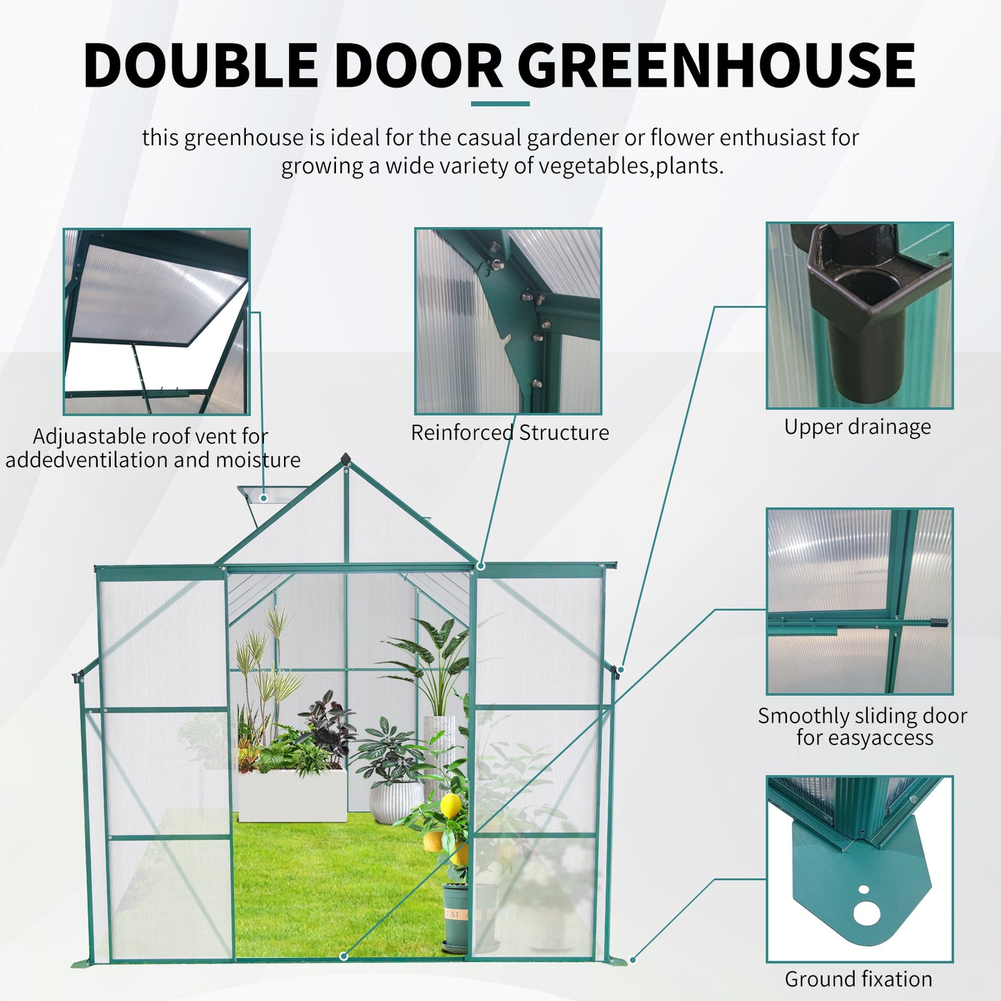 Double door greenhouse with adjustable roof vent for enhanced ventilation