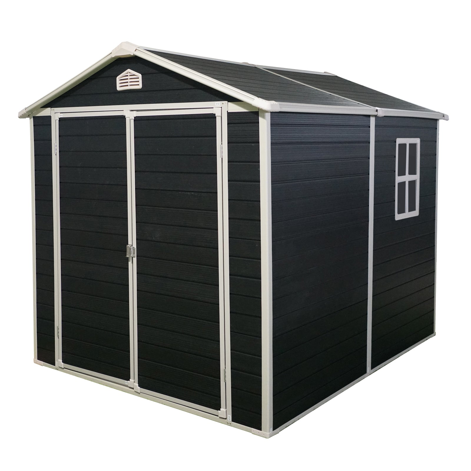Black plastic garden shed with double doors and a small window for outdoor storage
