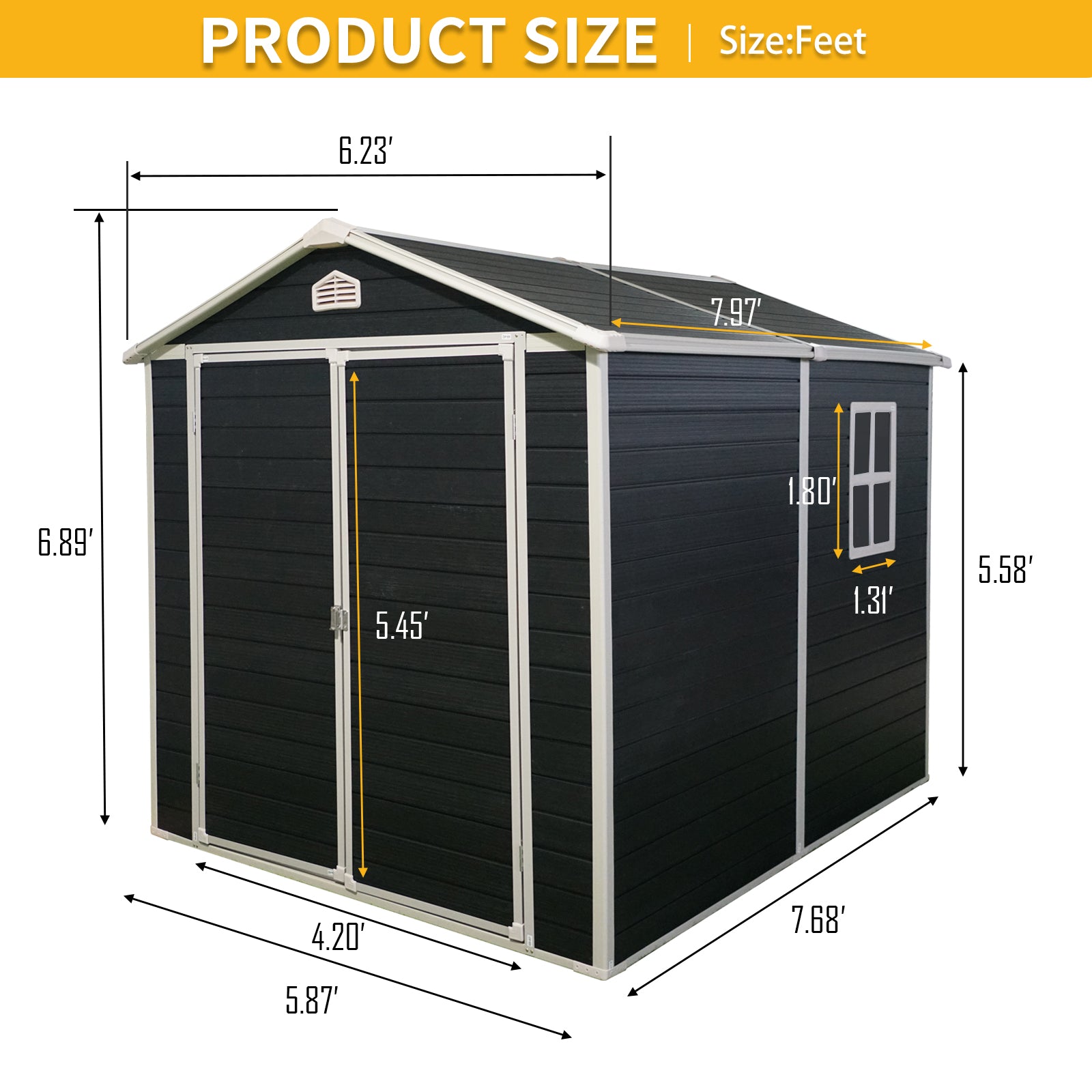 Dark grey metal storage shed with double doors showing dimensions