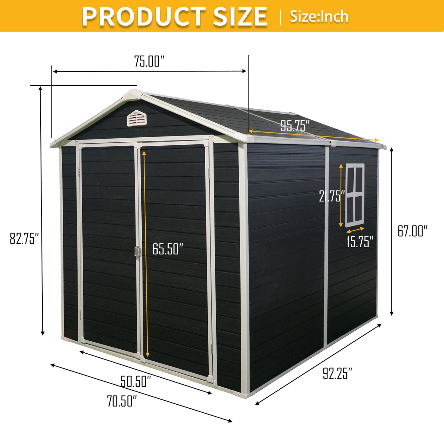 Durable black storage shed with double doors and one window dimensions shown in inches