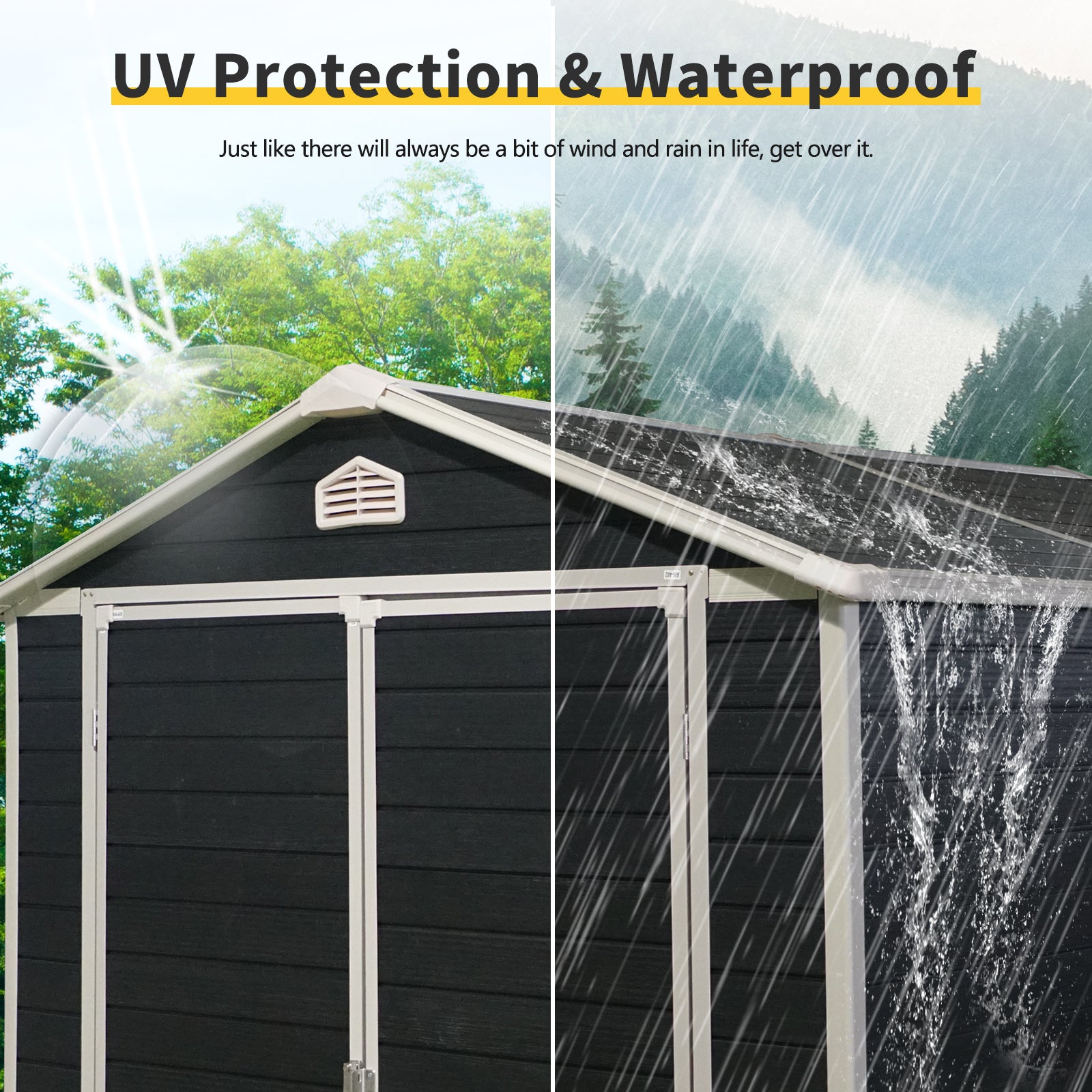 Dark grey storage shed showcasing UV protection under sun and waterproof during heavy rain