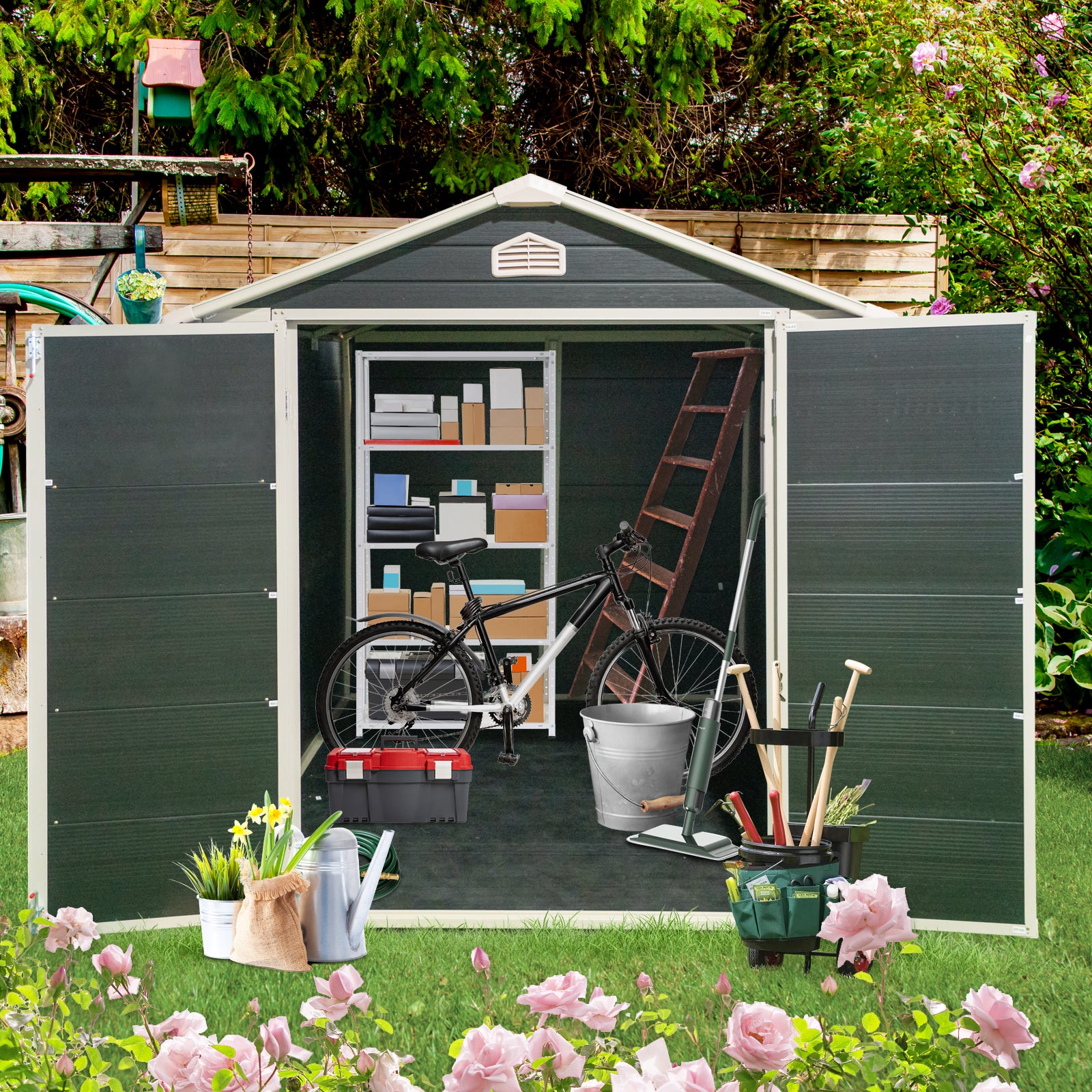 Spacious garden shed with bicycle shelving and gardening tools stored inside