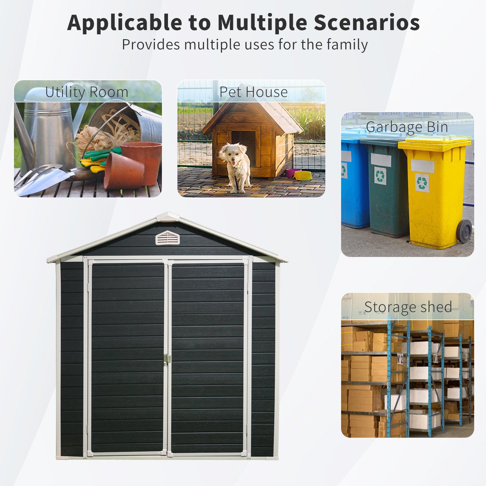 Dark grey modern outdoor storage shed with double doors