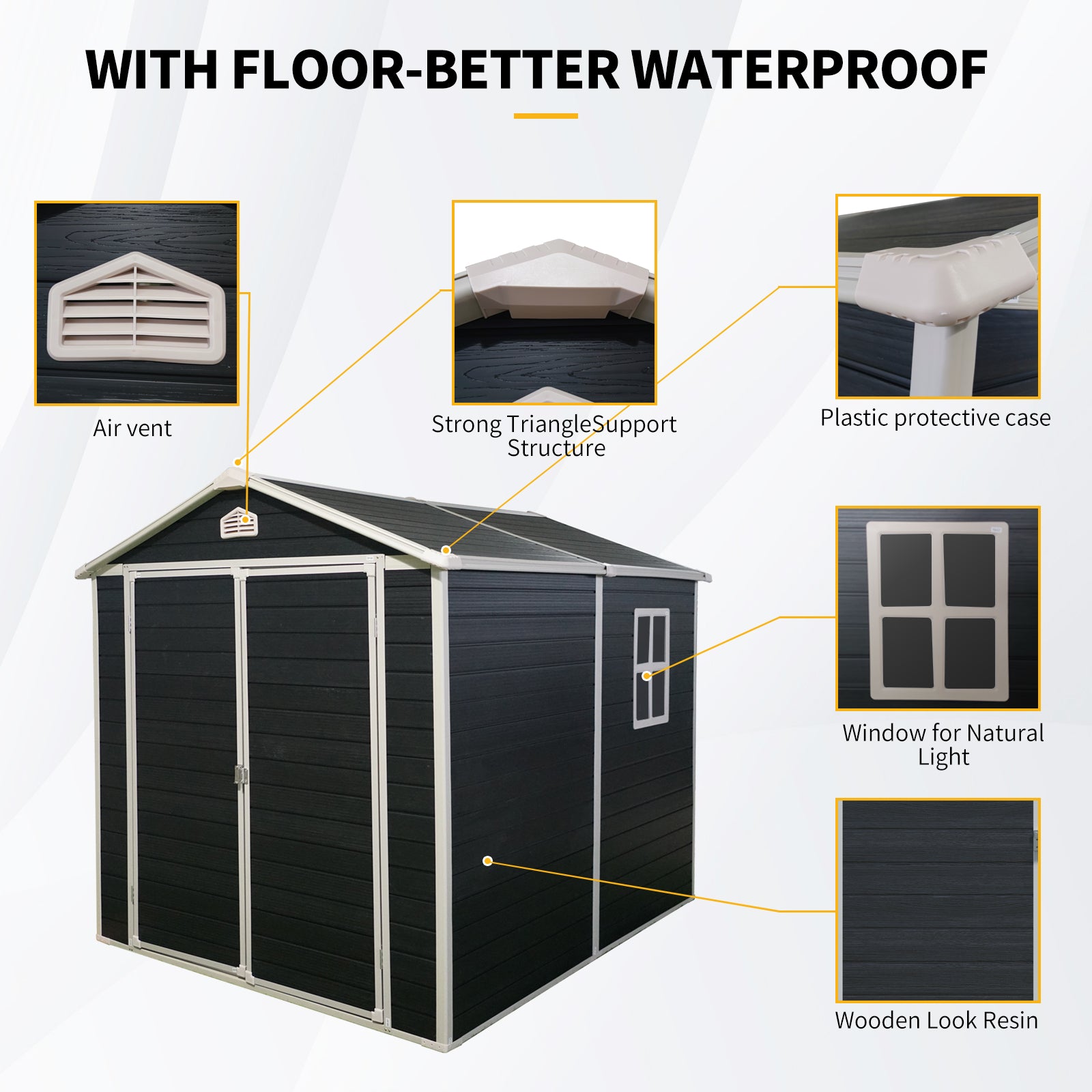 Black outdoor storage shed with white trim and double doors