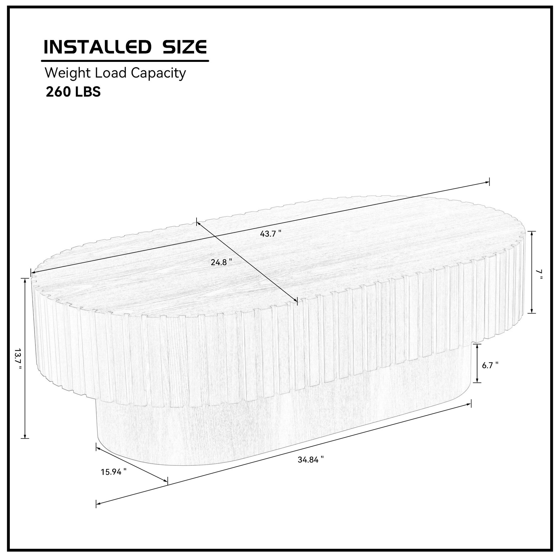 Line drawing of an oval coffee table with detailed measurements and  LBS weight capacity noted