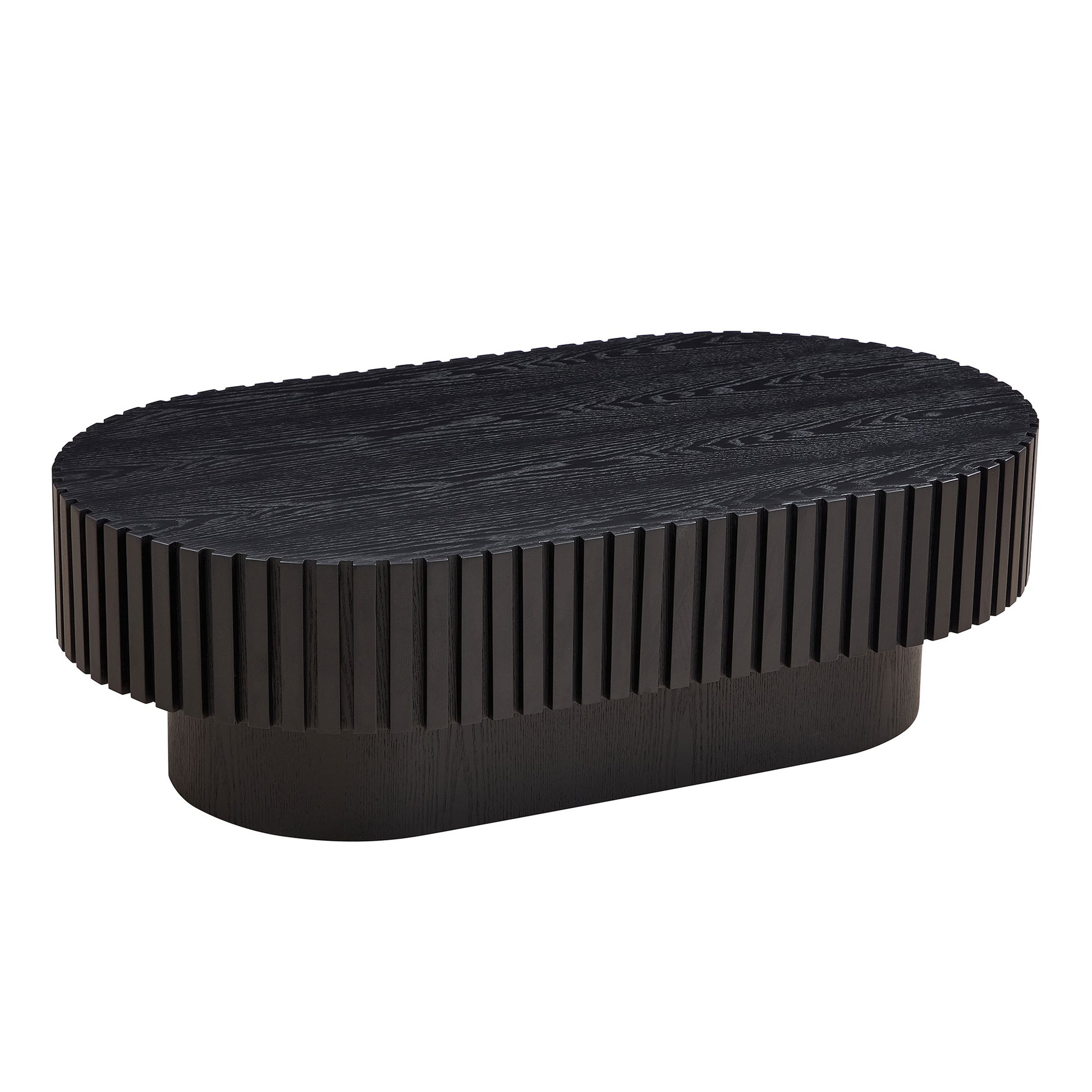 Oval black wood coffee table with ribbed sides and a textured top