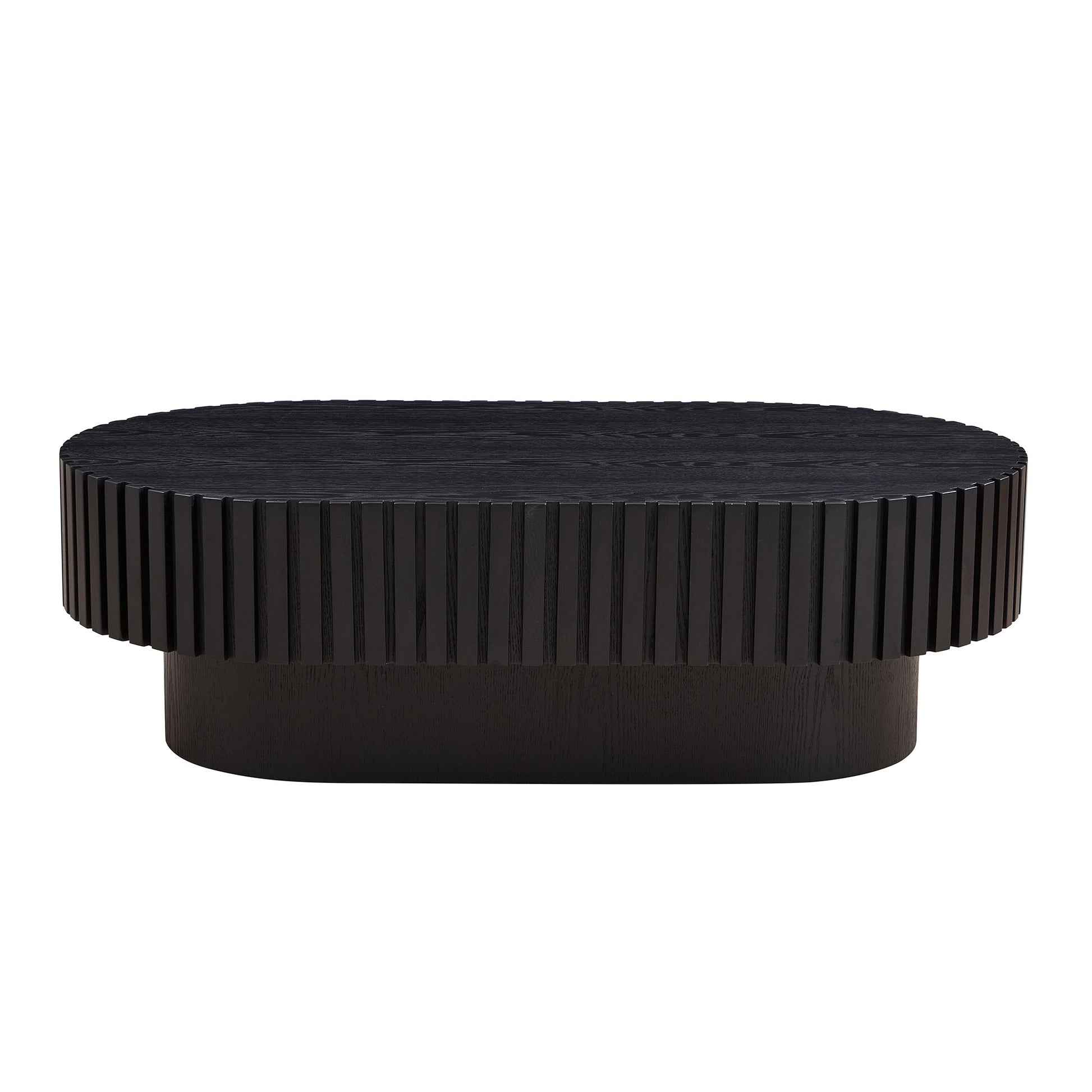 Black oval coffee table with fluted wood detail and matte finish