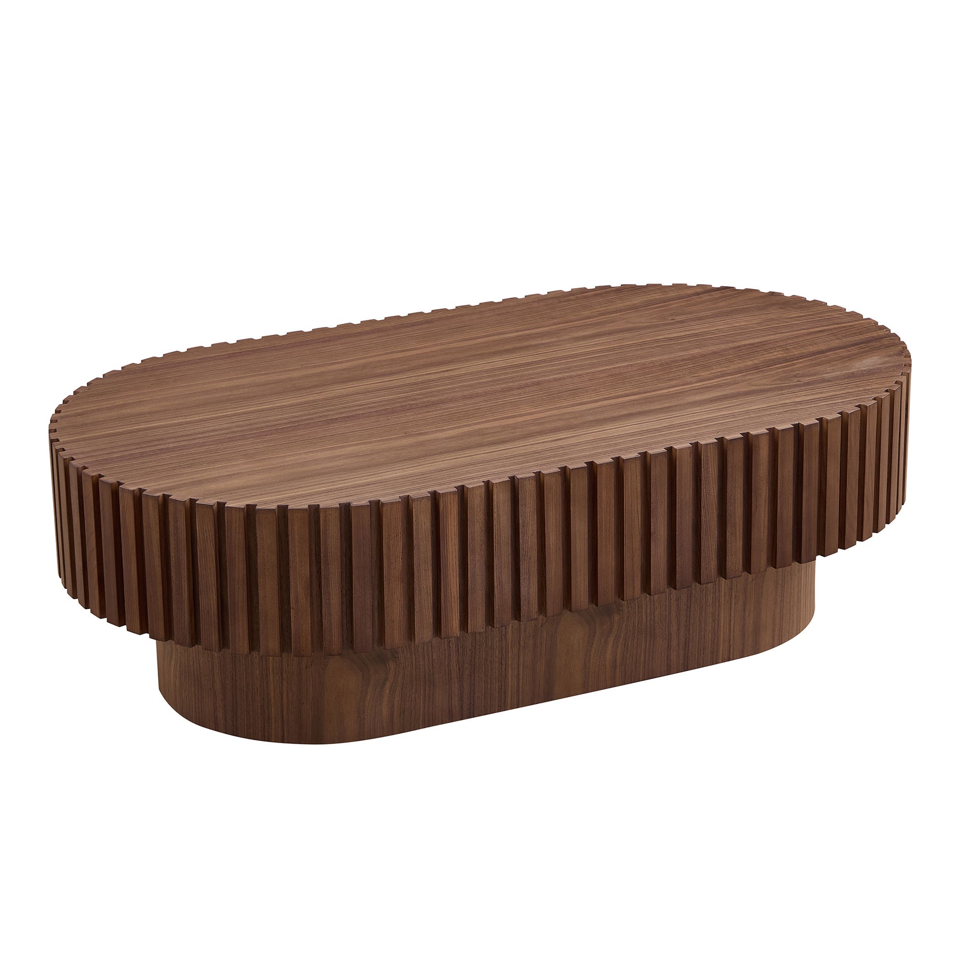 Oval walnut coffee table with fluted base modern design accent piece