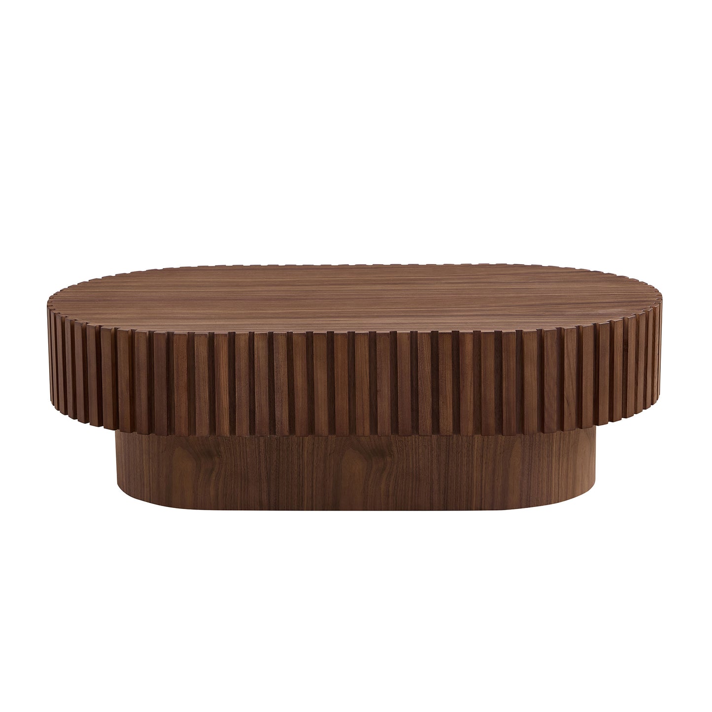 Oval walnut coffee table with ribbed side detail