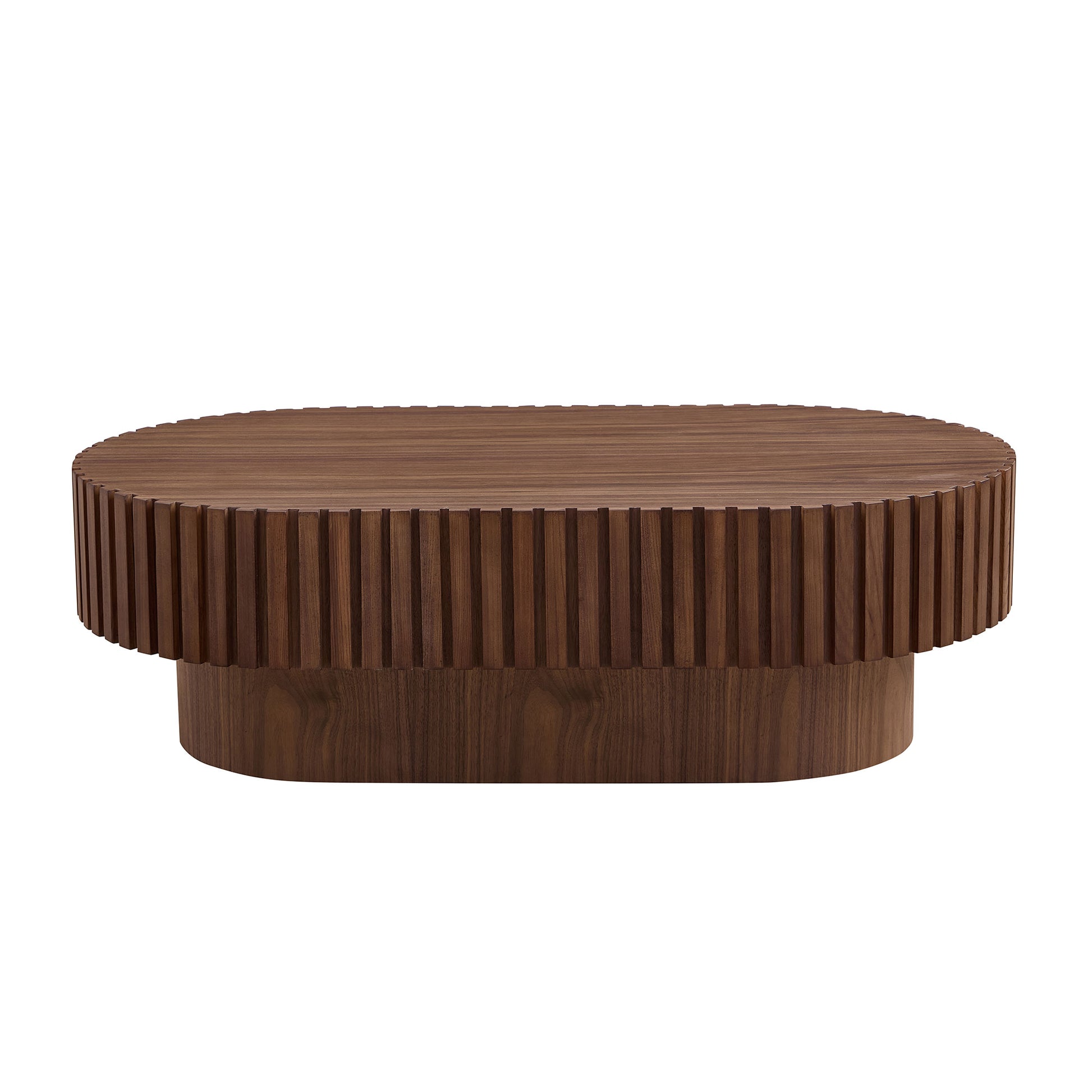 Oval walnut coffee table with ribbed side detail