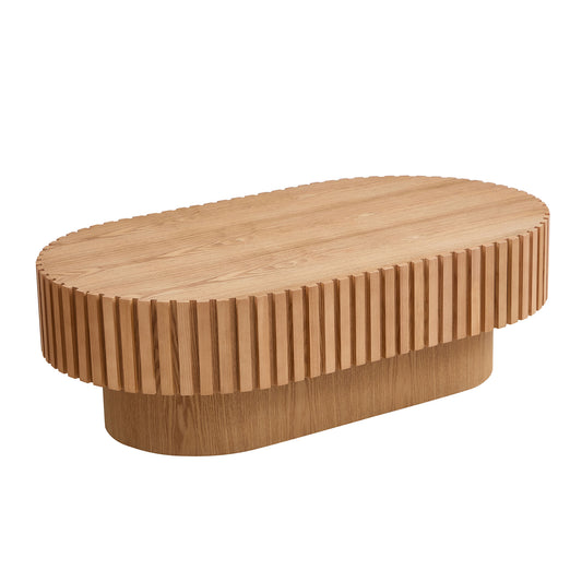 Oval coffee table with ribbed wood base and light oak finish