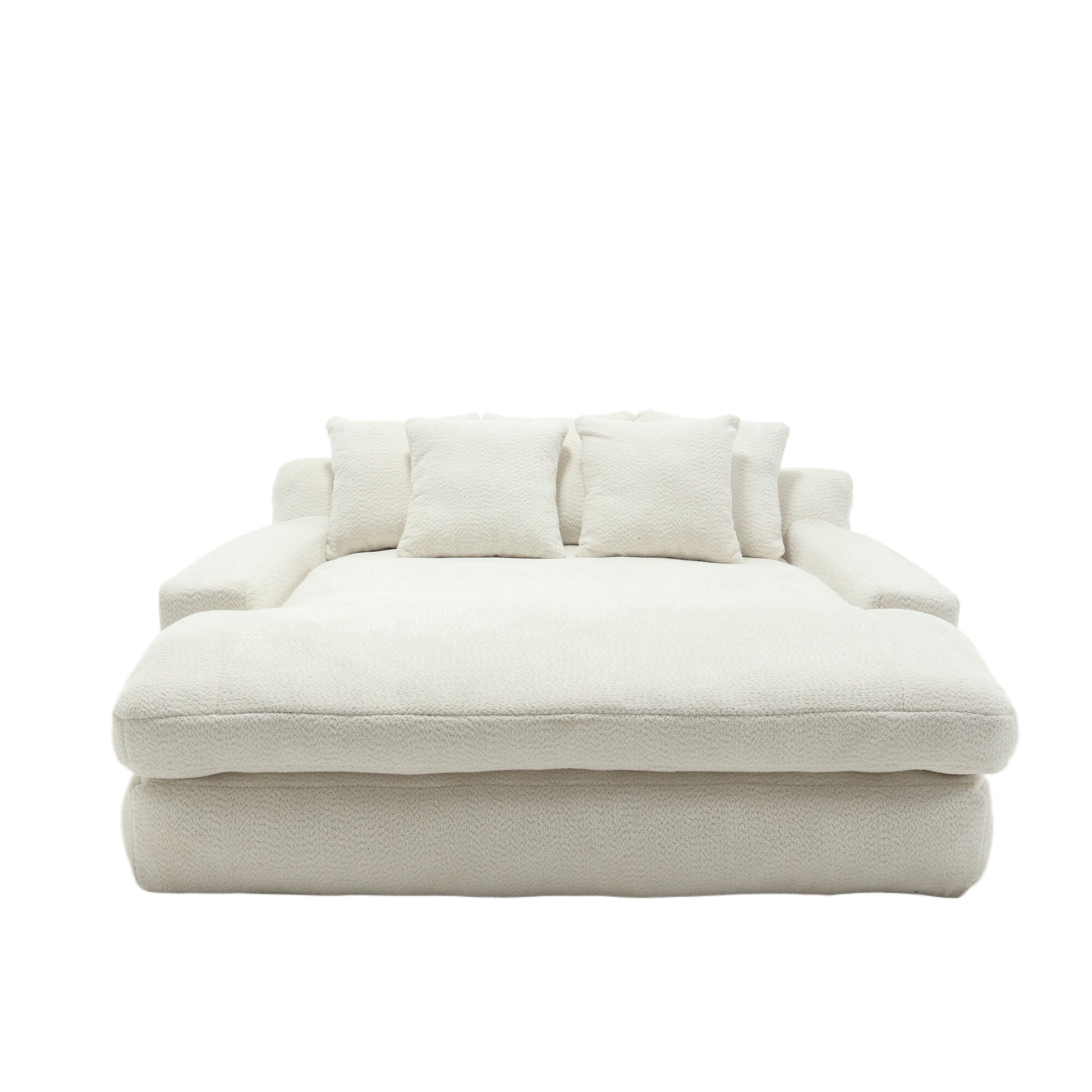 Plush cream boucle fabric modular sofa with thick cushions and low arms perfect for modern living rooms