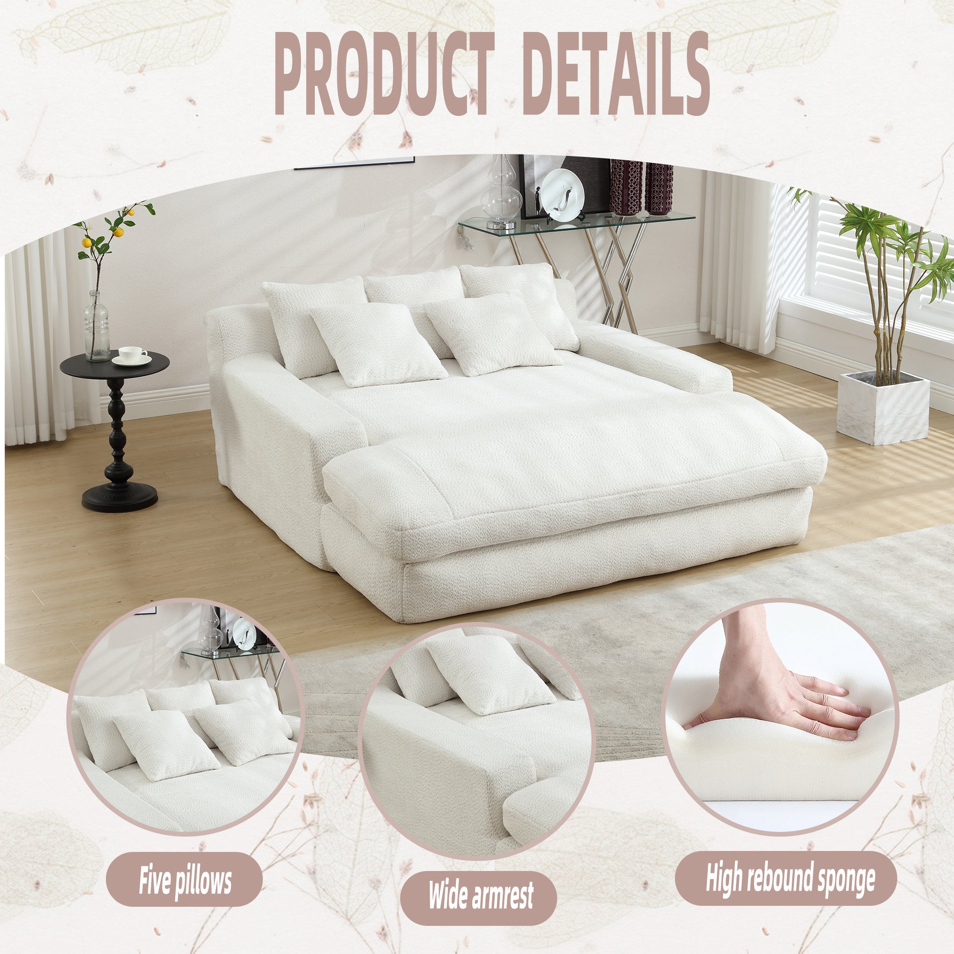 Plush white modular sectional sofa with five decorative pillows and wide armrests for comfort