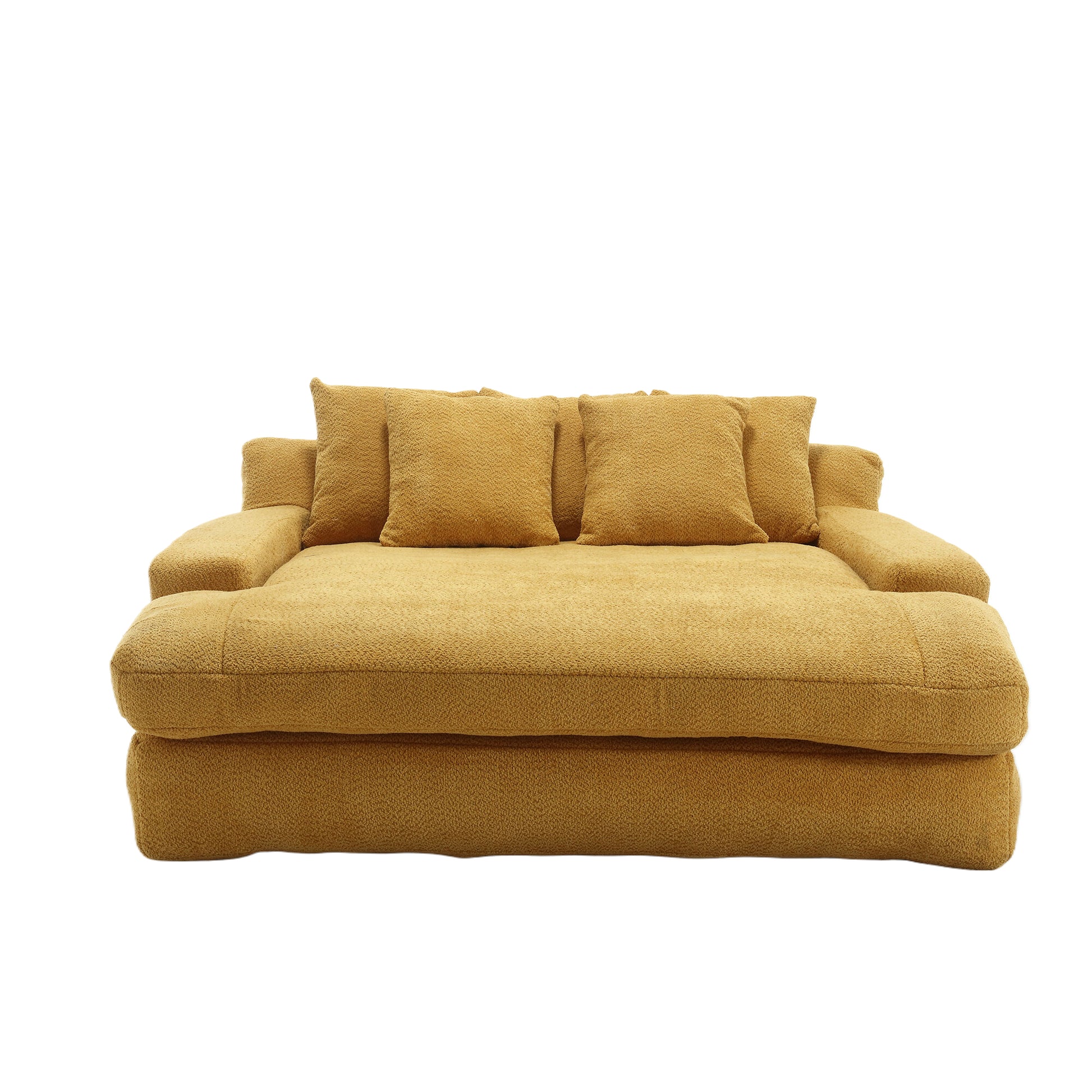 Plush mustard yellow sofa with four comfortable accent pillows perfect for modern living rooms