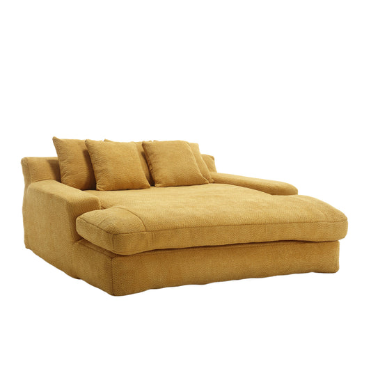 Ochre boucle fabric sofa with chaise lounge and plush cushions modern living room furniture