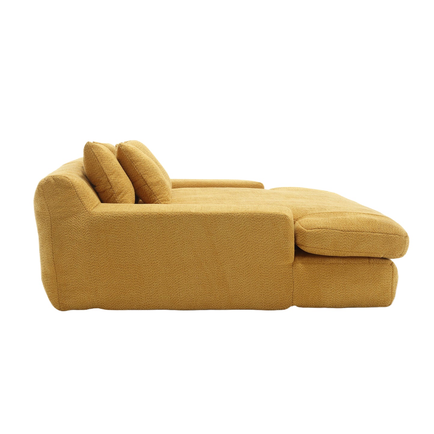 Yellow boucle fabric sectional sofa with chaise lounge and plush cushions