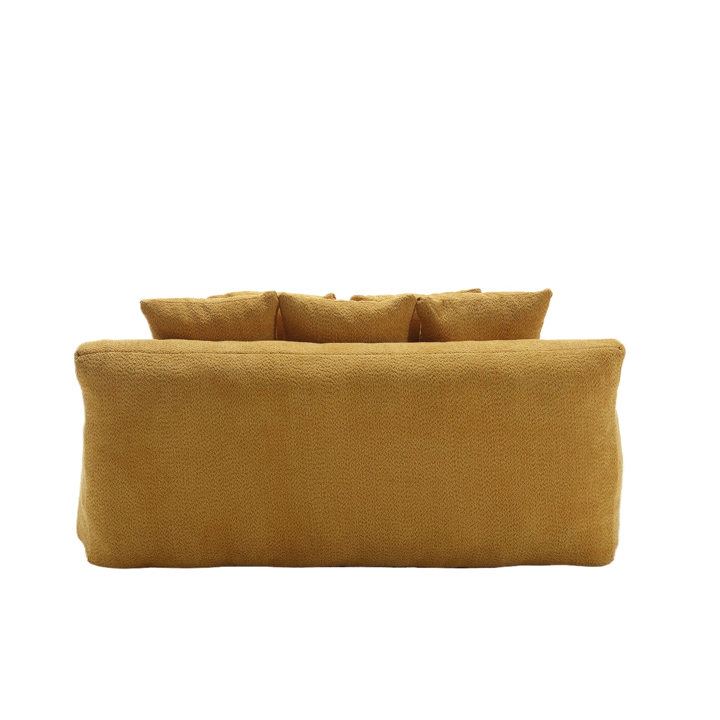 Yellow boucle fabric couch with plush cushions and a low profile design