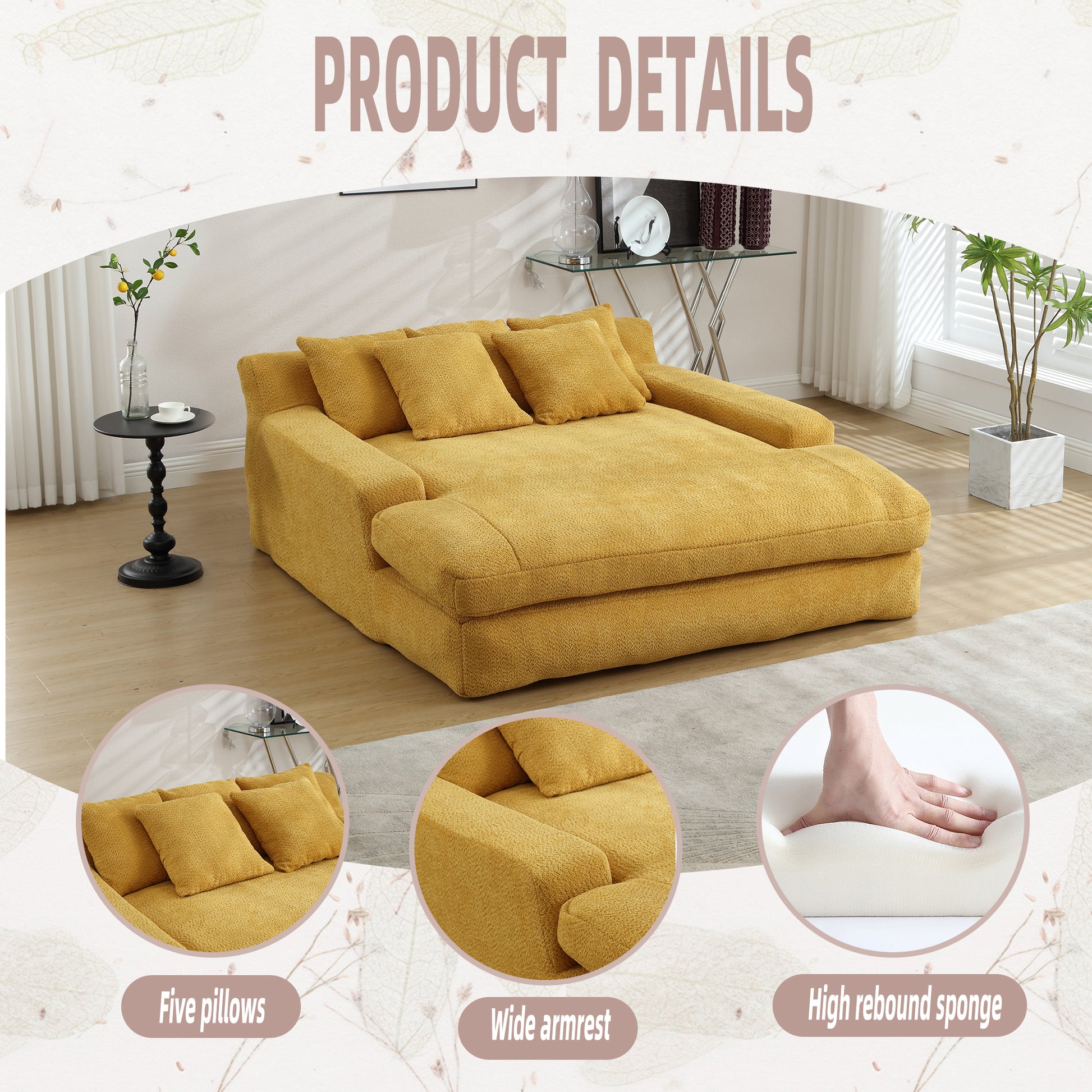 Yellow textured fabric sofa with five plush throw pillows perfect for living rooms
