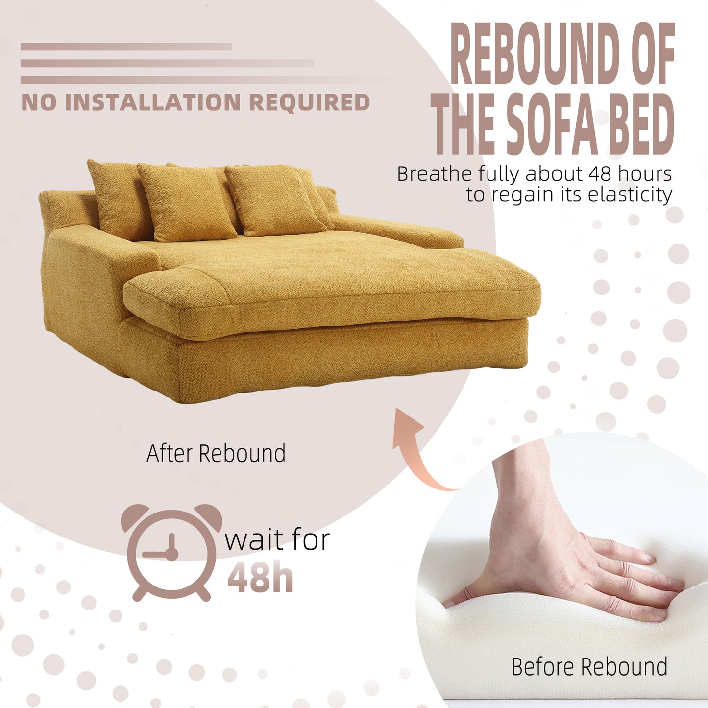 Yellow fabric sofa bed with textured cushions no installation required