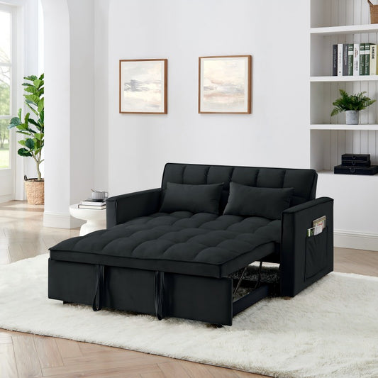Black futon sofa bed with plush tufted cushions and side storage pockets